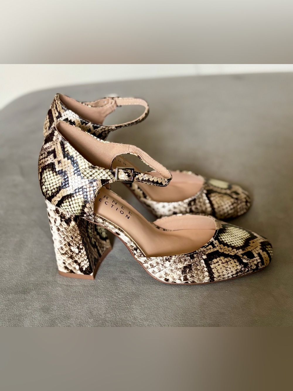 Journee Snake-Print Mary Jane Block Heel Pumps - Beige/Black